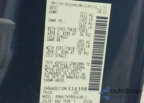 2013 Nissan Titan Sv z USA, uszkodzony, nr VIN 1N6AA0CC5DN314398